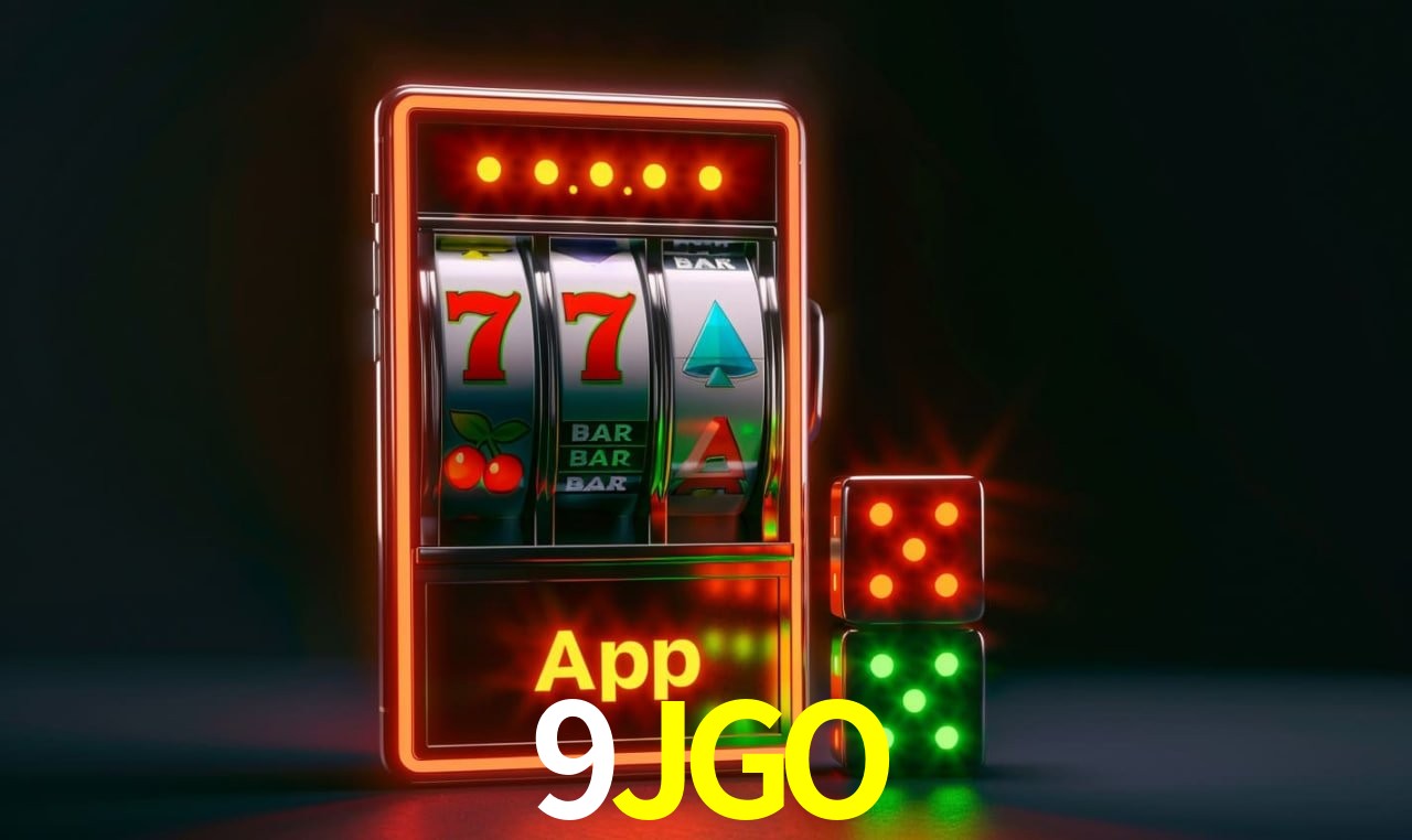 Escena dinámica inspirada en casino con iluminación 9JGO, cartas, fichas e íconos de juegos digitales en un espacio moderno de juegos.