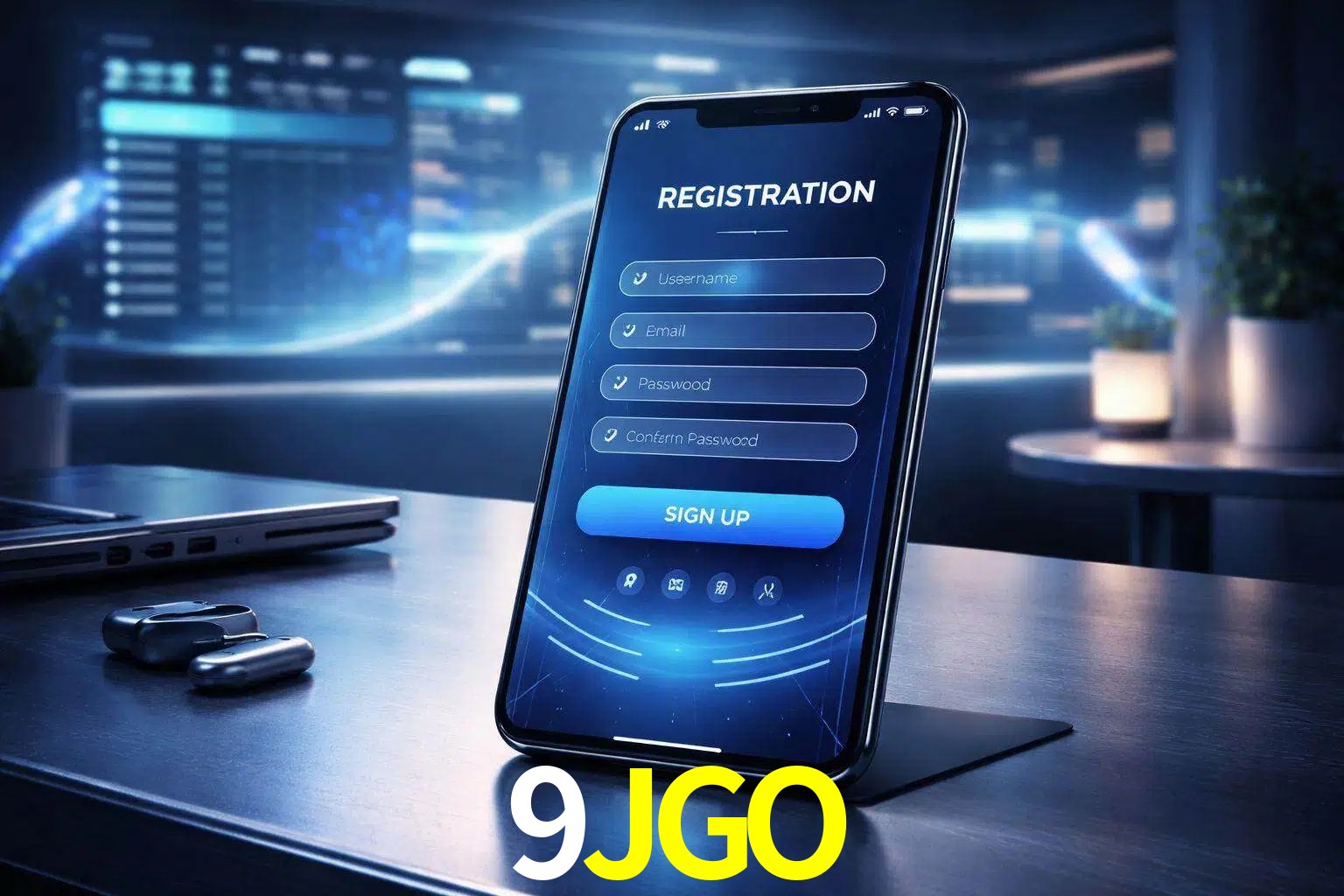Una interfaz moderna de registro móvil para 9JGO mostrada en un smartphone con un panel de apuestas elegante.